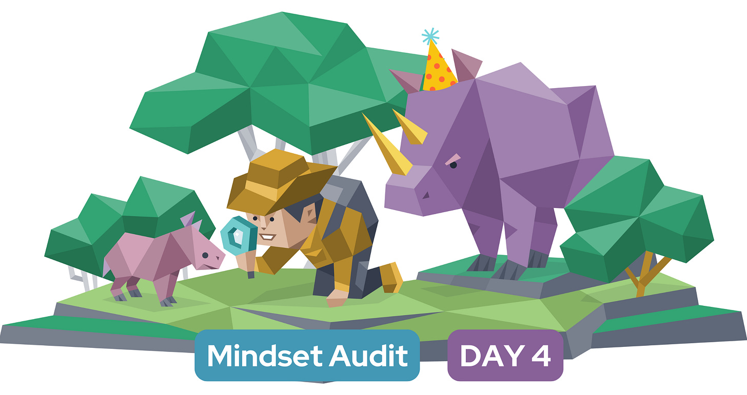 A kneeling man holds a magnifying glass up to a baby rhinoceros, while the mother rhino (wearing a birthday hat) stands behind him. Text in a blue banner reads: "Mindset Audit: Day 4"
