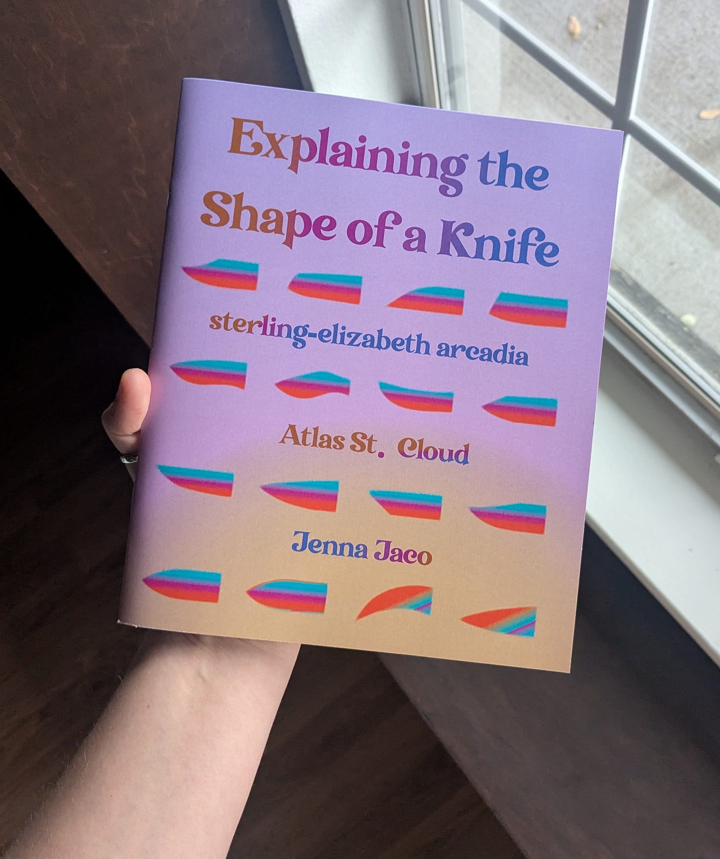 A purpley-orangey chapbook cover with silhouettes of various knife shapes. Chapbook title: Explaining the Shape of a Knife