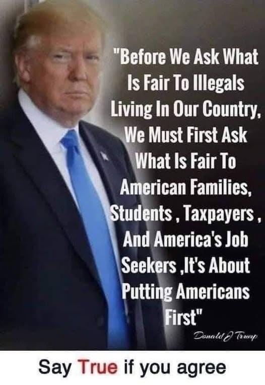 May be an image of 1 person and text that says '"Before We Ask What Is Fair To Illegals Living In Our Country, We Must First Ask What Is Fair To American Families, Students, Taxpayers, And America's Job Seekers ,It's About Putting Americans First" Donald DonaldTrimp (4Hp Say True if you agree'