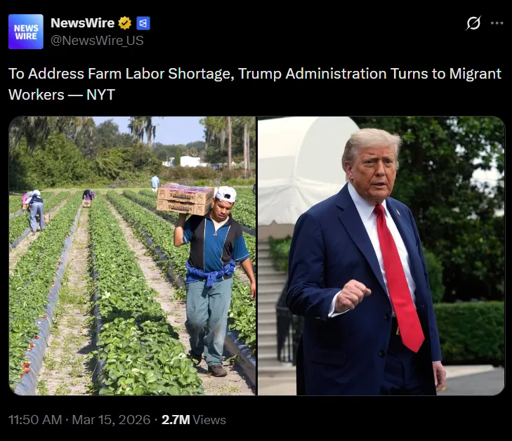 Verrat: Trump lockert Visabeschränkungen, um mehr ausländische Arbeitskräfte ins Land zu holen und so den Arbeitskräftemangel in der Landwirtschaft zu beheben