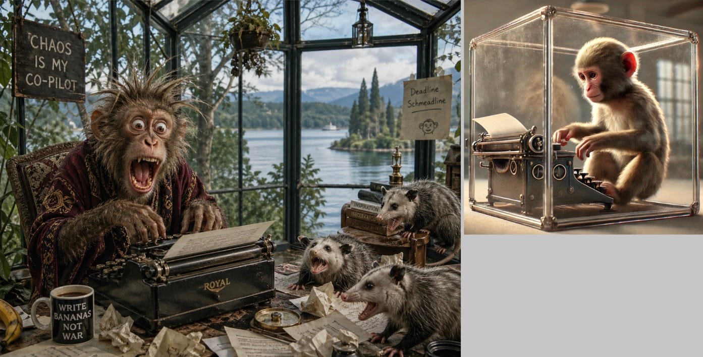 Two AI-generated images. In each, a monkey is using a typewriter. In one, it is in a sunroom with a lake view, aided by opossums. In another, the monkey is in a glass cube. 