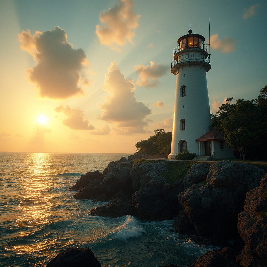 A majestic, modern lighthouse stands tall on Jamaica's rugged coastline, its sleek architecture a striking contrast to the lush, tropical surroundings, as the warm, golden light of sunset casts a dramatic glow, cinematic lighting dances across the scene, accentuating the textures of the lighthouse's sleek surfaces, film grain and a subtle vignette add depth and atmosphere, evoking the feel of a 35mm film still, shot on a V-Raptor XL, with meticulous post-processing and color grading, in the style of Roger Deakins, Emmanuel Lubezki, and Hoyte van Hoytema, masters of cinematic storytelling.