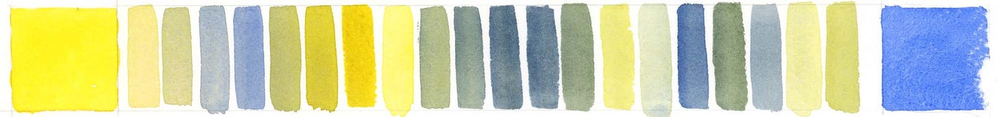 Watercolor swatch page by graphic novelist K. Woodman-Maynard. 