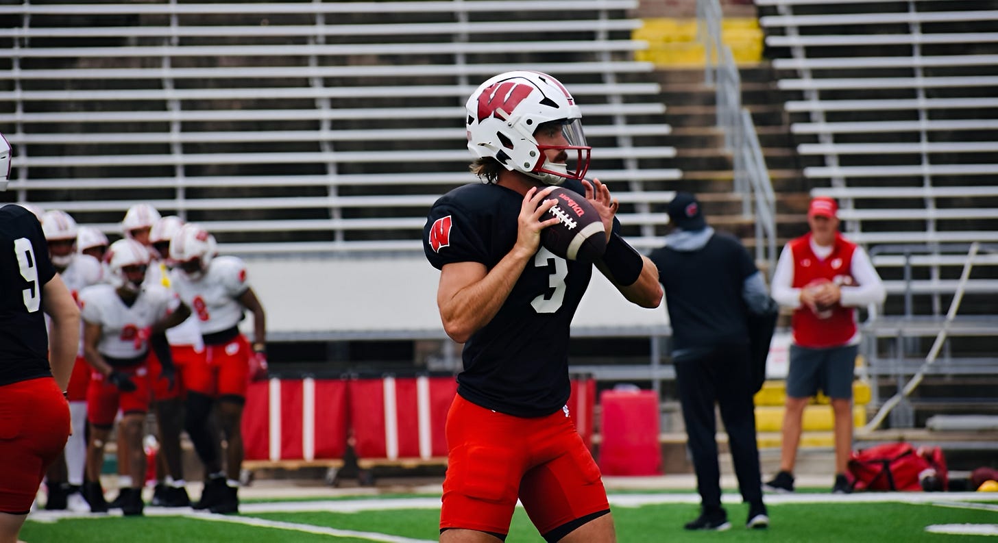 Carter Smith, Wisconsin Badgers quarterback, drops back to pass during fall camp at Camp Randall Stadium. Carter Smith, Wisconsin Badgers quarterback, drops back to pass during fall camp at Camp Randall Stadium.