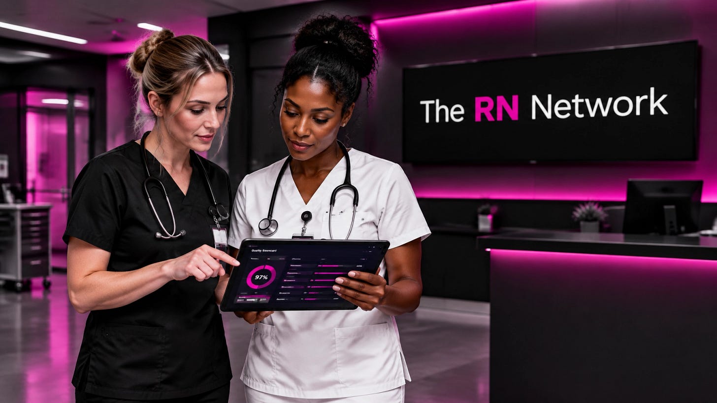 Two nurses reviewing a hospital quality scorecard on a tablet
