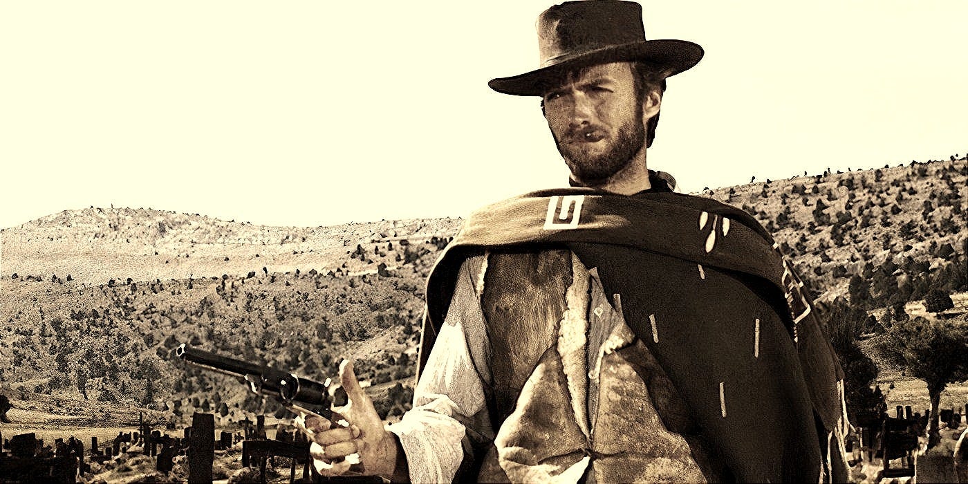 Clint Eastwood's Blondie aims a gun in The Good The Bad and The Ugly's ending Clint Eastwood's Blondie aims a gun in The Good The Bad and The Ugly's ending