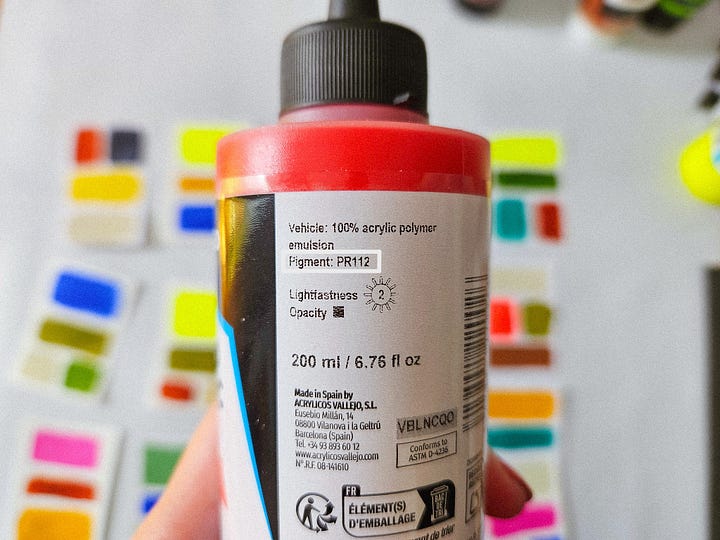 Two tubes of paint showing the pigments in these two colors.