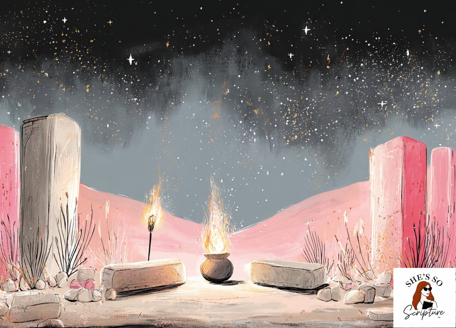 Illustration of a smoking firepot and flaming torch passing between covenant pieces, symbolizing God alone sealing the covenant in Genesis 15.