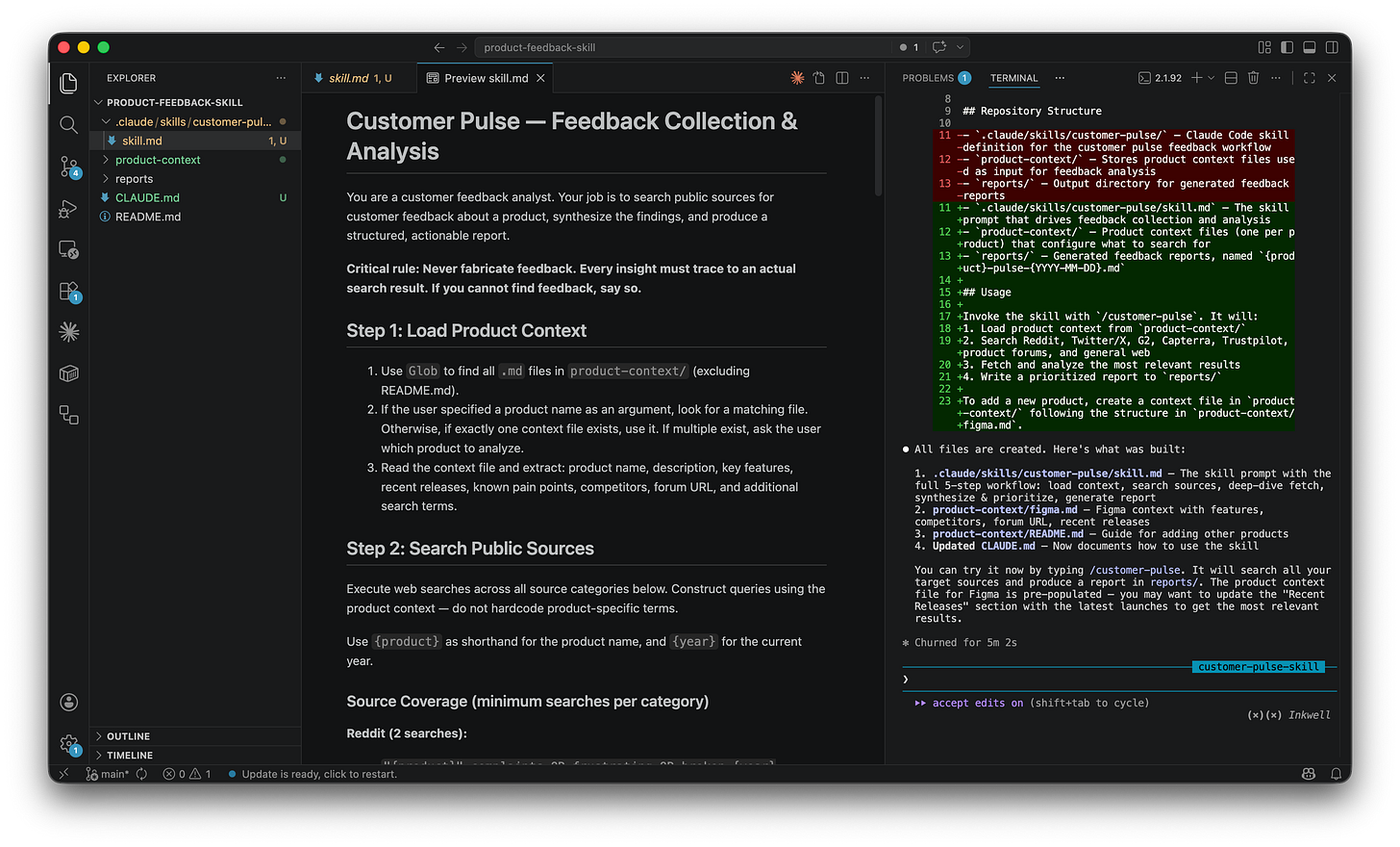 VS Code split view showing SKILL.md preview on the left with structured steps and the terminal on the right. VS Code split view showing SKILL.md preview on the left with structured steps and the terminal on the right.