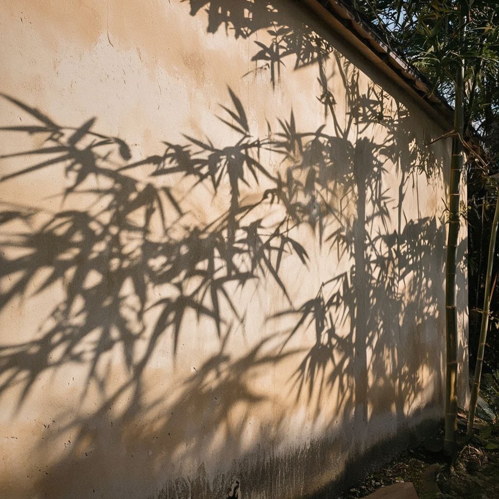 A  japanese style image of a wall with the shadows of trees on it 