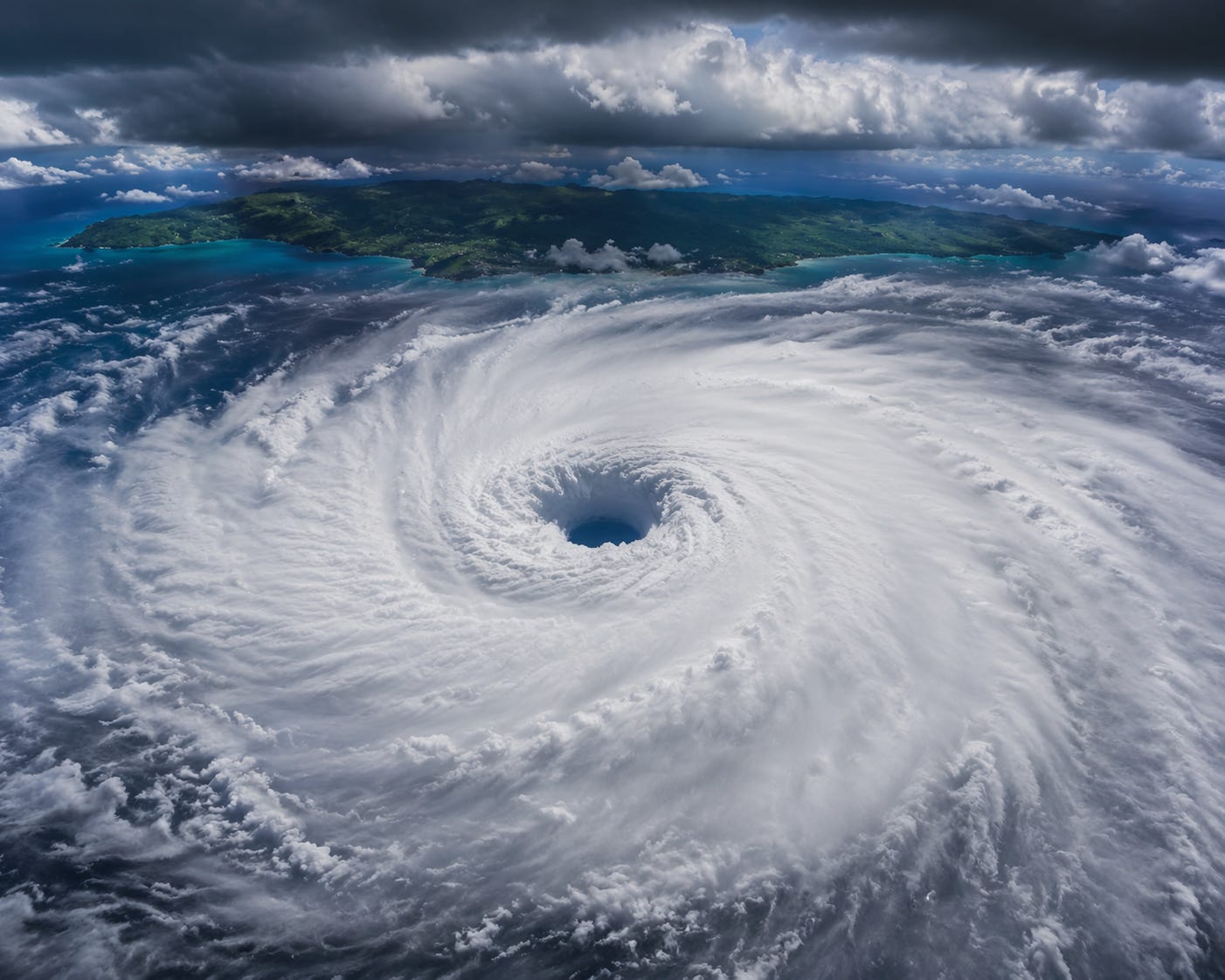 A powerful hurricane spirals over Jamaica, its massive white clouds forming a perfect eye at the center, with the island’s green landscape and blue coastline visible beneath the dark, stormy sky.