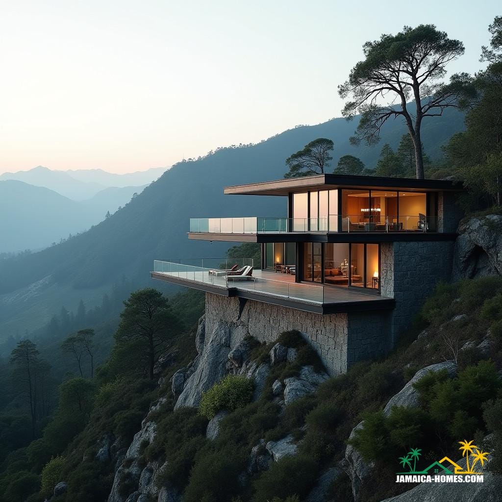 A sleek, modern hillside abode with tiered levels, seamlessly blending into the rolling landscape, featuring expansive glass windows that frame breathtaking mountain vistas, and outdoor decks that seemingly float among the trees. The structure's clean lines, minimalist silhouette, and natural materials such as reclaimed wood and weathered stone, evoke a sense of harmony with the surroundings. 