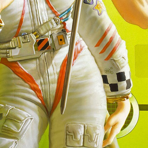 LEFT: Detail from CAT WHO WALKS THROUGH WALLS featuring a debonair man with grey hair, thin mustache, and eye patch standing behind a woman in a spacesuit. Her hair is done up geisha style, decorated with cultural ornaments in red and gold. A band of five pointed stars toward the front of her hair ends with a crescent moon, a star and a tassel. An orange tabby cat rests on her shoulder with one paw in the metal ring of her collar and its tail wrapping around the other side of her neck. CENTER: Close detail from CAT WHO WALKS THROUGH WALLS featuring the sleeve of the woman's spacesuit with a checker pattern cuff and the artist's sigil, the stylized letters M and W intersecting inside a circle with the copyright date 1985. RIGHT: Close detail from CAT WHO WALKS THROUGH WALLS featuring an orange tabby cat on the shoulder of woman wearing a spacesuit. It has vibrant blue eyes. The patch on the shoulder of her spacesuit reads "Budget" with another patch below showing 5 pointed stars on a field of black set against a crescent moon. Her hair is done up geisha style, decorated with cultural ornaments in red and gold. A band of five pointed stars toward the front of her hair ends with a crescent moon, a star and a tassel.