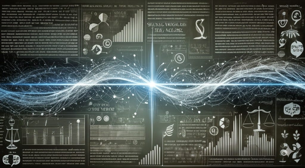 A digital, abstract image representing the concept of “signal through the noise” in the context of legal communication. The background is filled with blurry, grayscale legal text, data visualizations, and charts, creating a sense of overwhelming complexity. Cutting horizontally through the center is a glowing, wave-like neural signal rendered in soft blue and white tones. This central thread flows smoothly from left to right, suggesting clarity and intelligent processing. Along its path, the signal creates a clean visual channel, subtly transforming the surrounding chaos into order and legible symbols. The aesthetic is sleek, tech-forward, and minimalist, evoking themes of AI, legal transformation, and clear communication.