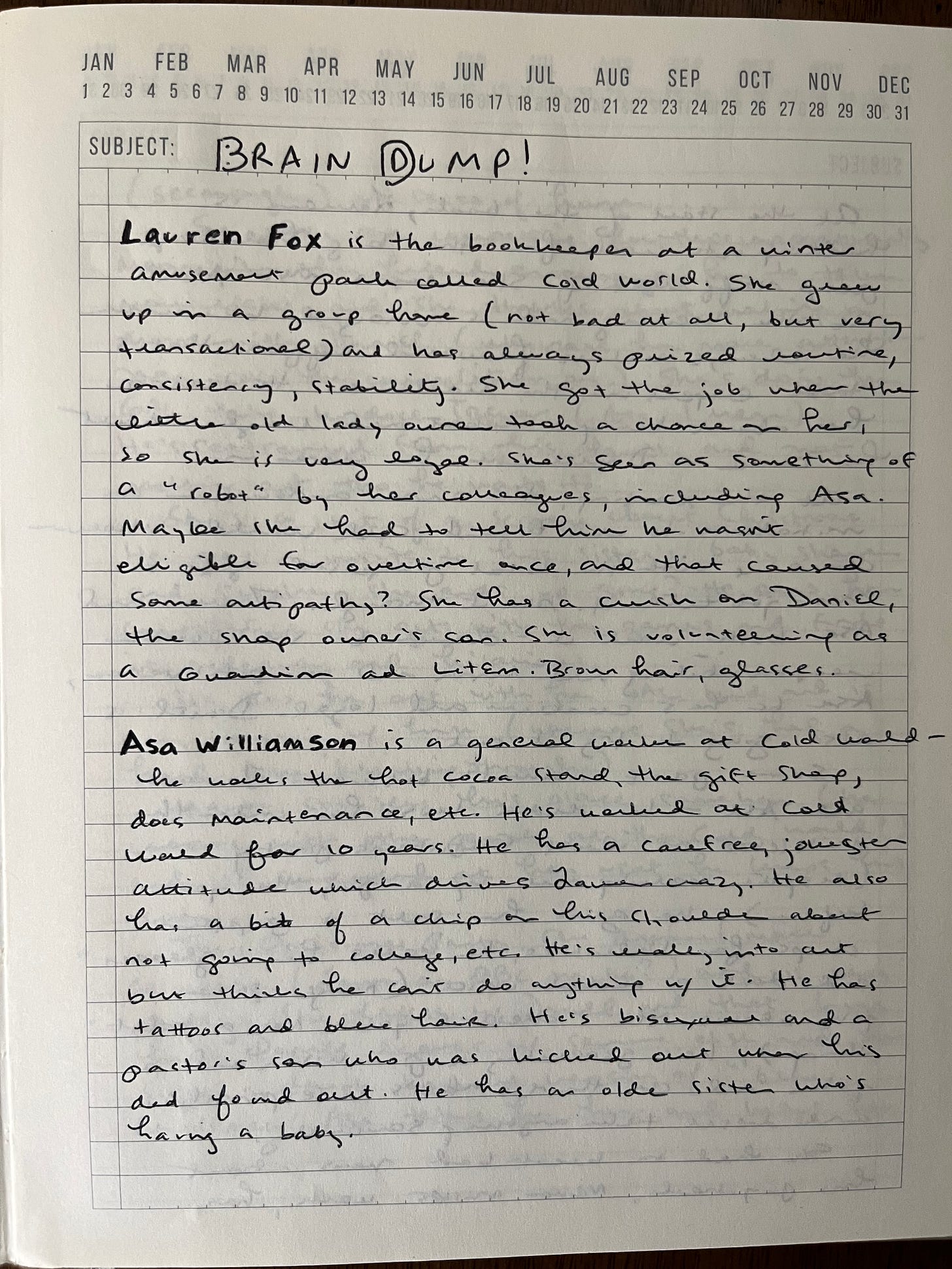 Picture of page from my Writing Notebook that says "Brain Dump!" at the top and then a bunch of text I've pasted below.