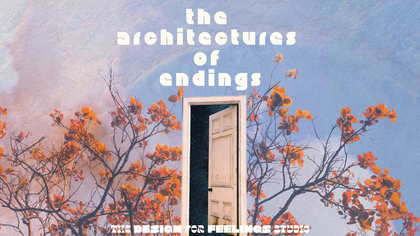 Image of a tree and a door opening to stars, with the words "the architectures of endings"
