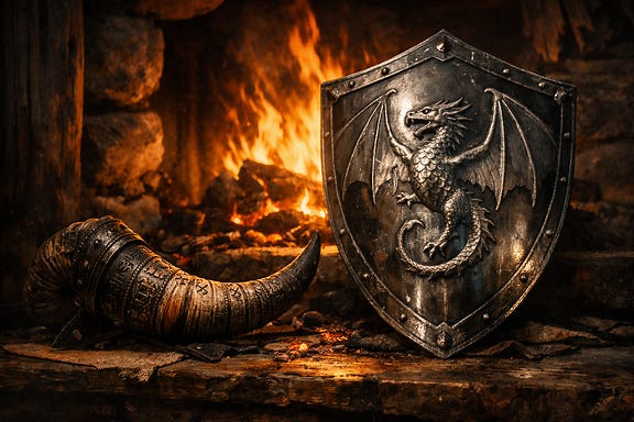 Ram's horn of Krezkar Peak and Silver Dragon shield laid before a roaring hearth in the Soldav longhouse, horn carved with runes and bound in blackened steel, shield gleaming with Argynvost’s sigil, firelight casting dramatic shadows, Barovian Gothic atmosphere