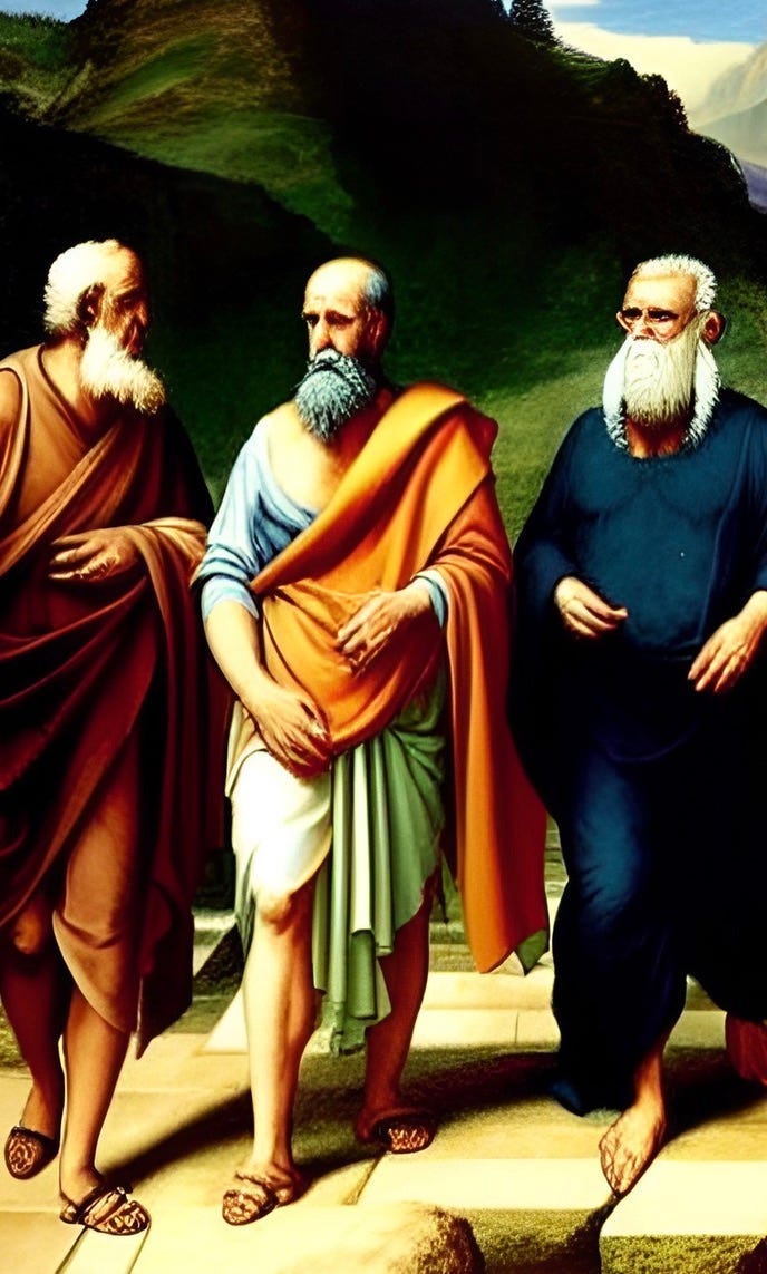 A color illustration of Heraclitus, Plato and Hegel walking together. All three are dressed as ancient Greeks, in togas. The illustration was created by Frank Moone using the AI art program, Dream.AI
