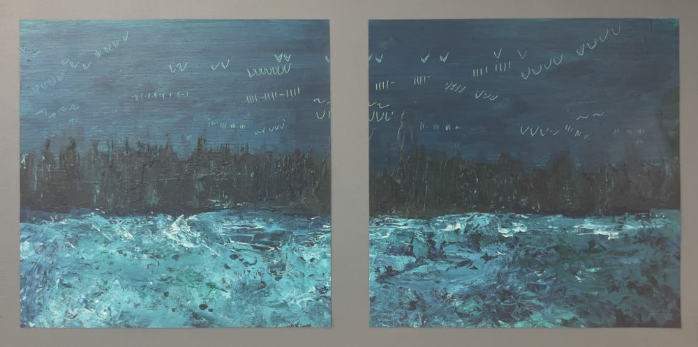 A pair of abstract paintings featuring dark blue skies and swirling turquoise waves, with textured brushstrokes and subtle white markings suggesting distant birds.
