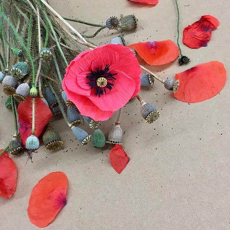 Three images of bright red paper corn poppies, from poppies with real poppy seed head centres to poppies coloured using natural dye