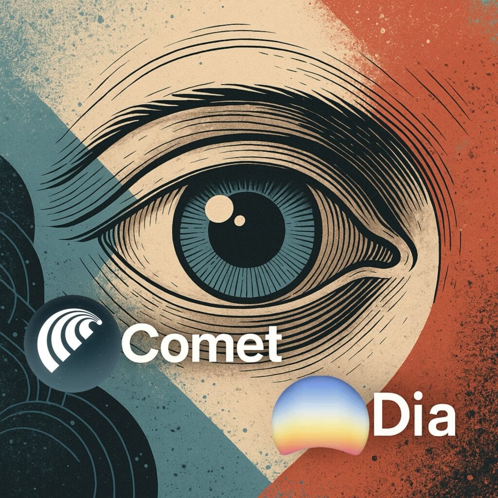 IMAGEM: Uma ilustração digital quadrada mostrando um grande olho estilizado no centro, simbolizando observação e contexto. Os logotipos Comet e Dia são colocados em destaque perto do olho, com texturas abstratas em azul, vermelho e bege, sugerindo um ambiente de navegador futurista e aprimorado por IA.