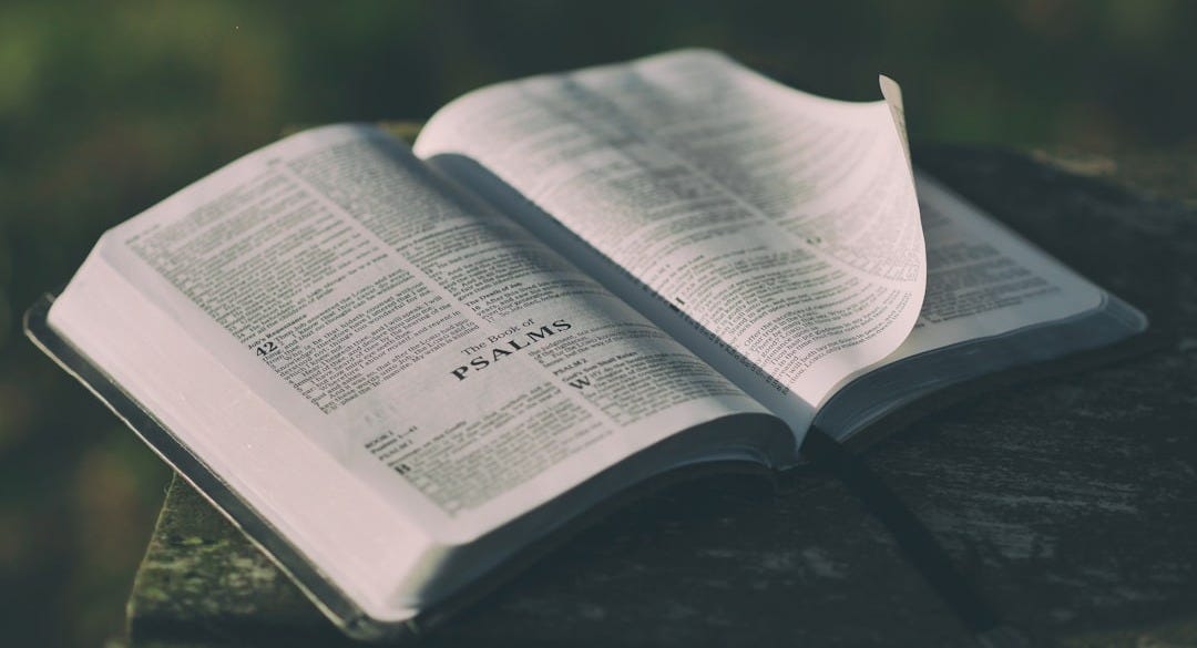 opened bible book on grey surface