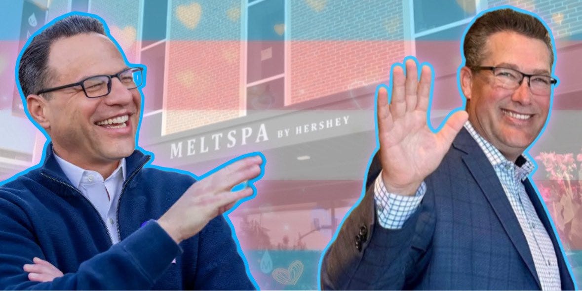 Two middle-aged men with glasses and short hair, one in a blue puffer jacket over a white shirt gesturing with left hand extended palm out, the other in a blue checkered shirt gesturing with right hand raised in a wave, both smiling, positioned against a semi-transparent blue-tinted background with red and white stripes, in front of a building facade featuring a sign reading Melts Spa by Hershey in white letters on a dark surface.