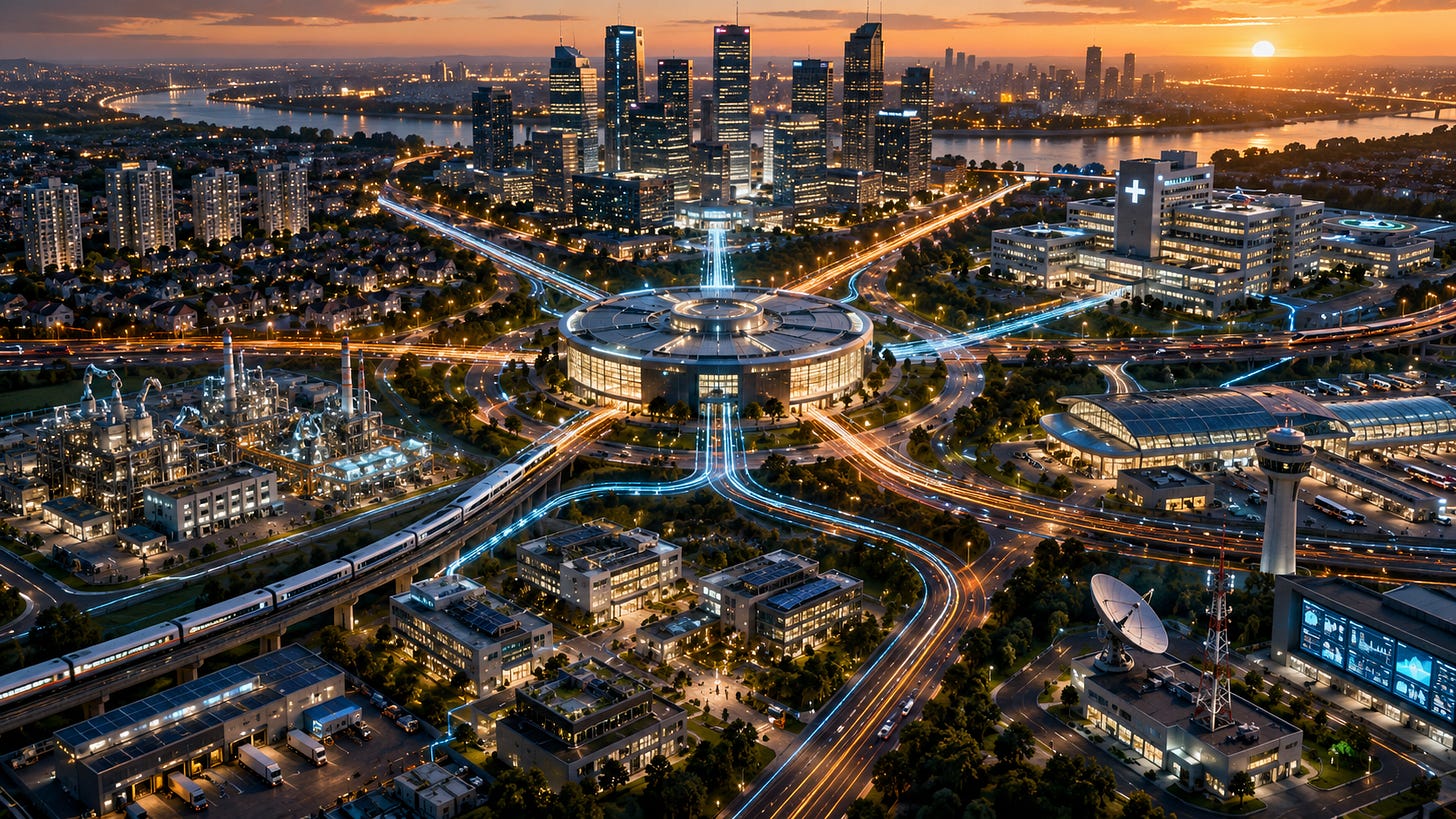 Smart city infrastructure connecting business, healthcare, industry, and technology districts through a central hub. Smart city infrastructure connecting business, healthcare, industry, and technology districts through a central hub.