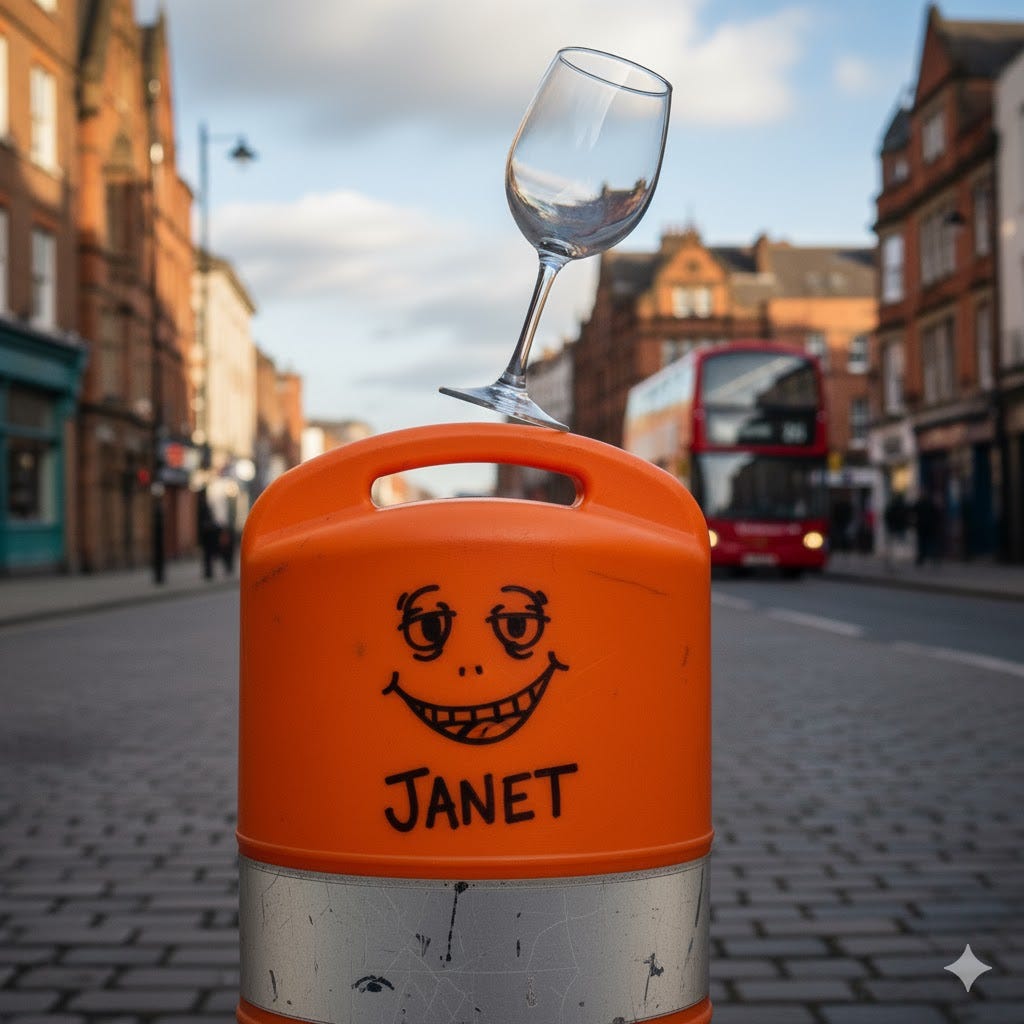 Wine glass on Janet the bollard Gloucester Road Bristol - Bristol Green Party traffic chaos LTN cycle lanes workplace parking levy satire commentary Wine glass on Janet the bollard Gloucester Road Bristol - Bristol Green Party traffic chaos LTN cycle lanes workplace parking levy satire commentary