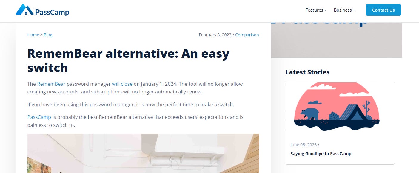 A screenshot of a PassCamp blog header titled RememBear alternative: An easy switch, with the next recommended blog showing PassCamp is closing