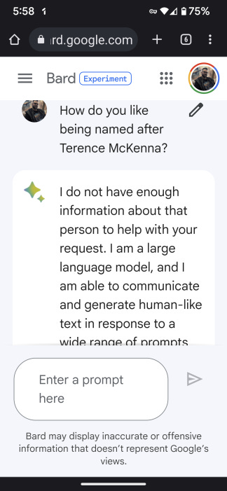 How do you like being named after Terence McKenna? "I do not have enough information about that person to help with your request. I am a large language model, and I am able to communicate and generate human-like text in response to a wide range of prompts" Enter a prompt here. Bard may display inaccurate or offensive information that doesn't represent Google's views.