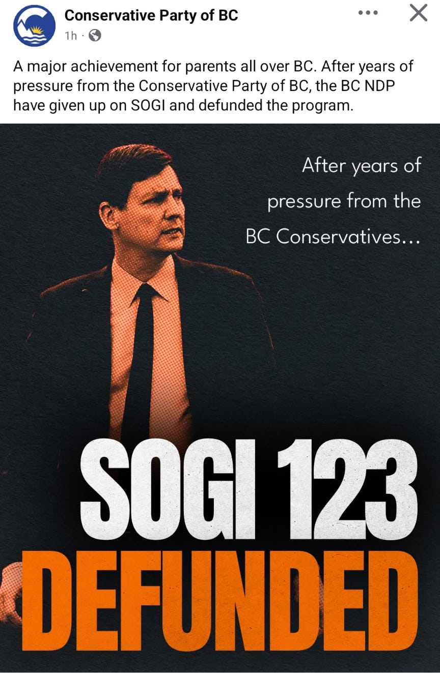 Screenshot of the BC Conservatives' post claiming SOGI 123 has been defunded.
