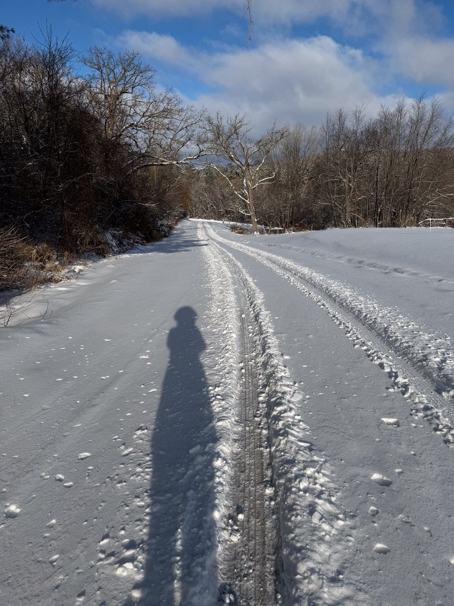 a shadow self-portrait on a snow covered rural road
