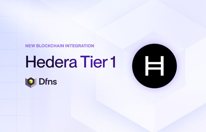 Promotional graphic with text NEW BLOCKCHAIN INTEGRATION at top centered on light blue background. Below it Hedera Tier 1 in bold letters with black circle containing H logo to the right. Dfns logo in gray hexagon at bottom left.
