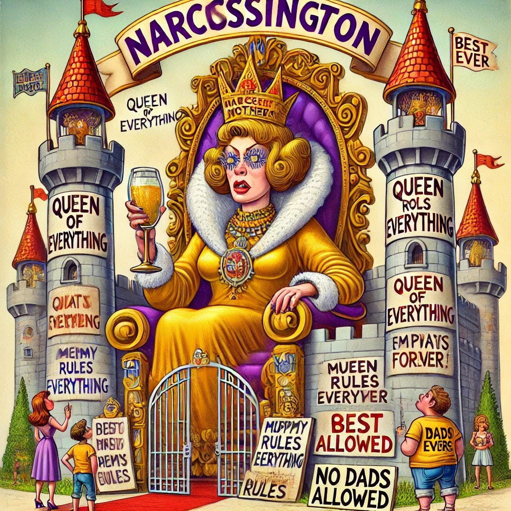 A humorous and whimsical cartoon-style illustration of the Kingdom of Narcissington. At its center is a grand, gaudy castle adorned with banners reading 'Queen of Everything' and 'Mommy Rules Forever.' The narcissistic queen mother, 'The Man Eater,' sits dramatically on an oversized golden throne at the top of the tallest tower, wearing an absurdly large crown labeled 'Queen of Me.' Around her, mirrors only reflect her image, and she holds a goblet of sparkling juice with the inscription 'Best Ever.' Outside the castle gates, comical signs say 'Empaths Beware' and 'No Dads Allowed.' Villagers look on with puzzled and amused expressions, while one holds a flag that says 'Drama Central.' The tone is light-hearted, silly, and satirical, emphasizing the absurdity of the queen's reign.
