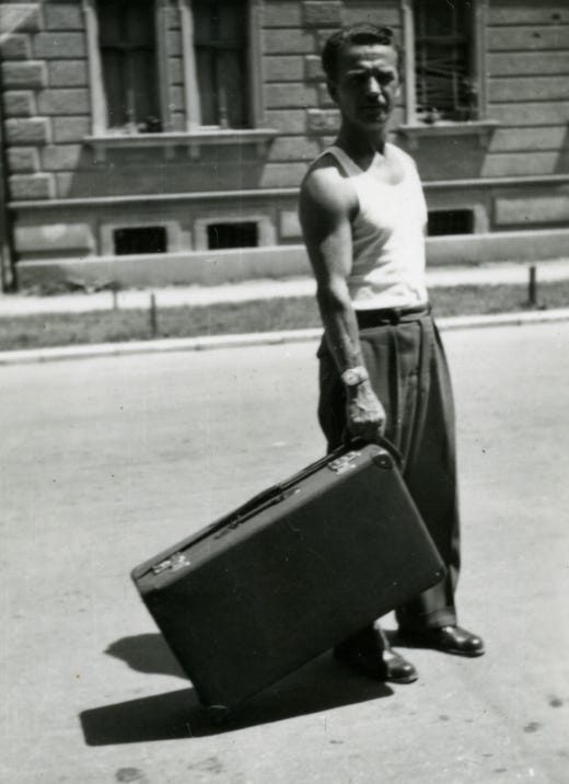 Alfred Krupa and wheeled suitcase circa 1954 Alfred Krupa and wheeled suitcase circa 1954