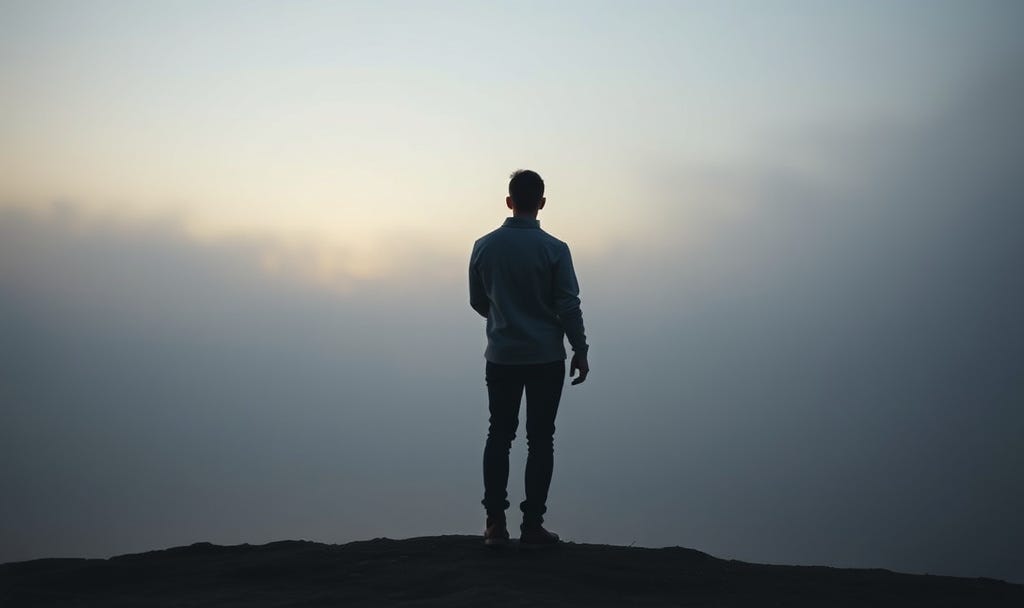 A person standing alone on a hilltop, looking out over a misty landscape at sunrise, pondering the question beneath meaning. A person standing alone on a hilltop, looking out over a misty landscape at sunrise, pondering the question beneath meaning.