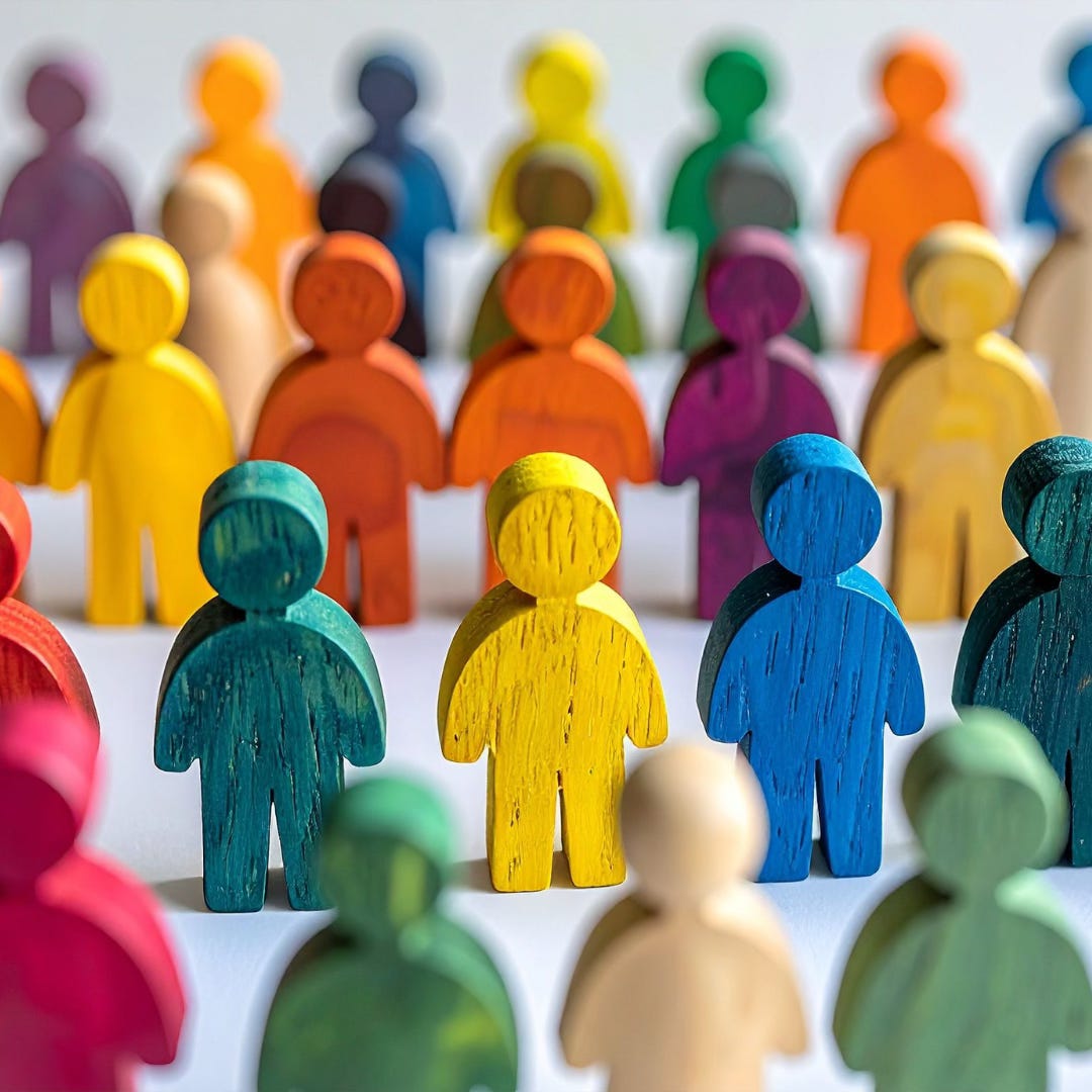 Photo of many, small wooden people all standing in lines. They are each a different colour like blue, yellow, red and purple