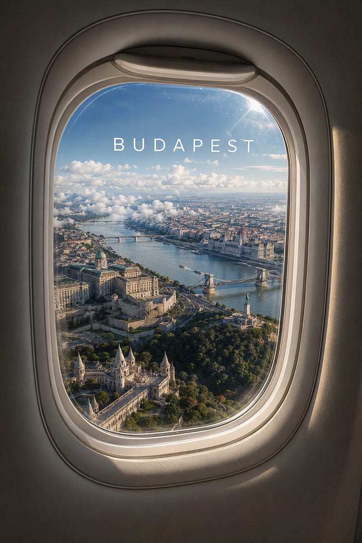 Grid of four airplane window photos: New York City, Budapest, Disneyland, and Cape Town skylines, each labeled with the city name