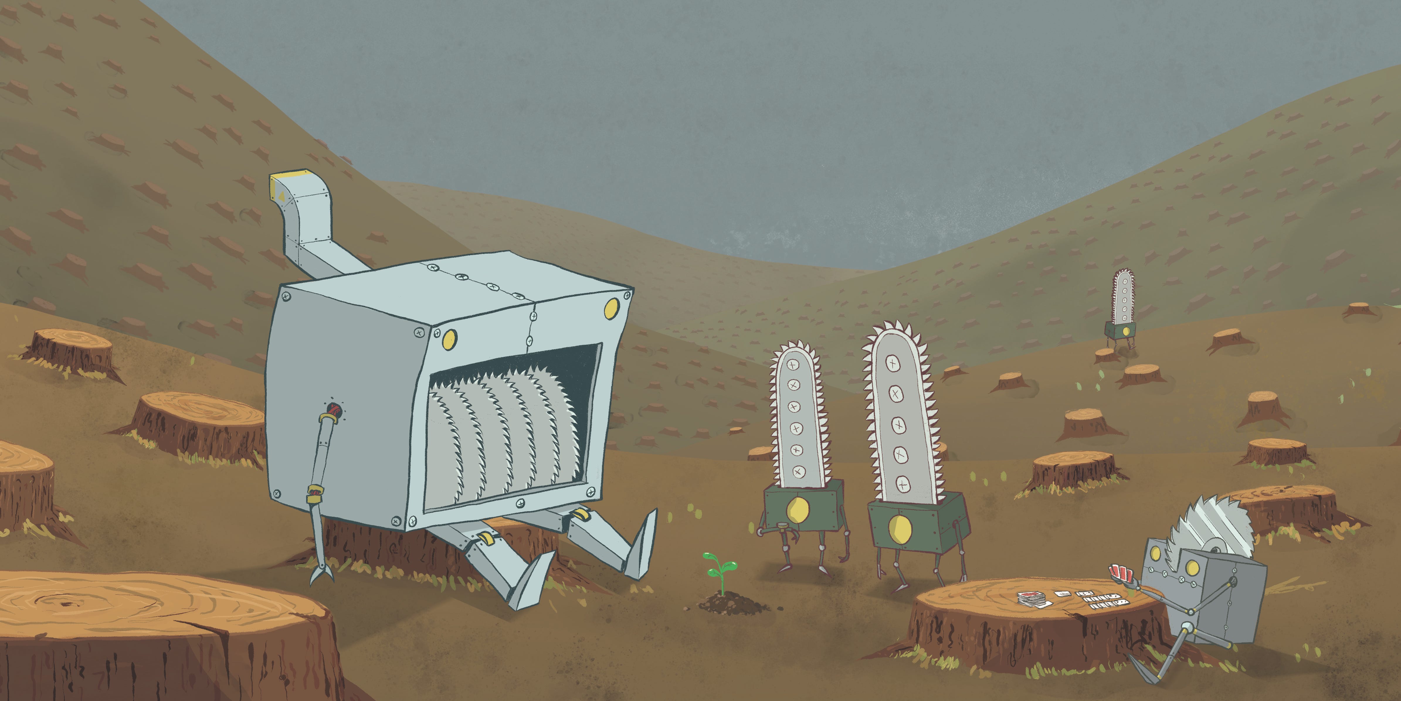 An illustration of a clearcut forest with some robots that look like saws and wood-chippers sitting around waiting for a sapling to grow.