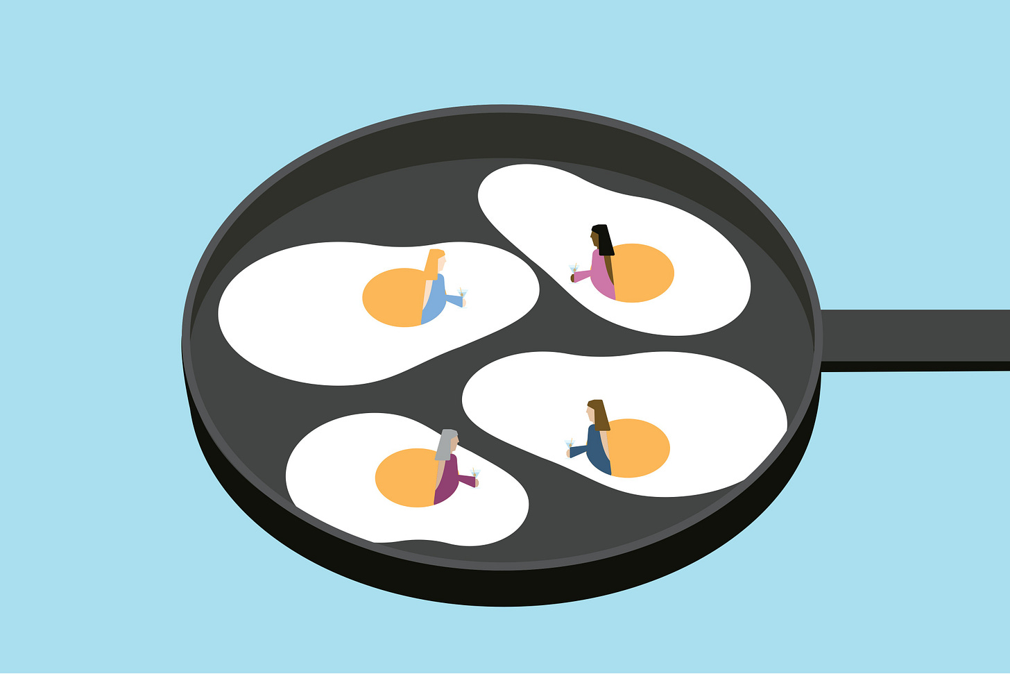 Photograph of four eggs frying in a pan. There are four people standing speaking and gesticulating to each other, each waist-deep in one of the egg yolks.