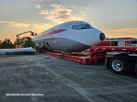 Images of the jet previously owned by Frank Sinatra and John Travolta being prepared to be shipped from the US to Australia. Provided by Worldwide Aircraft Recovery