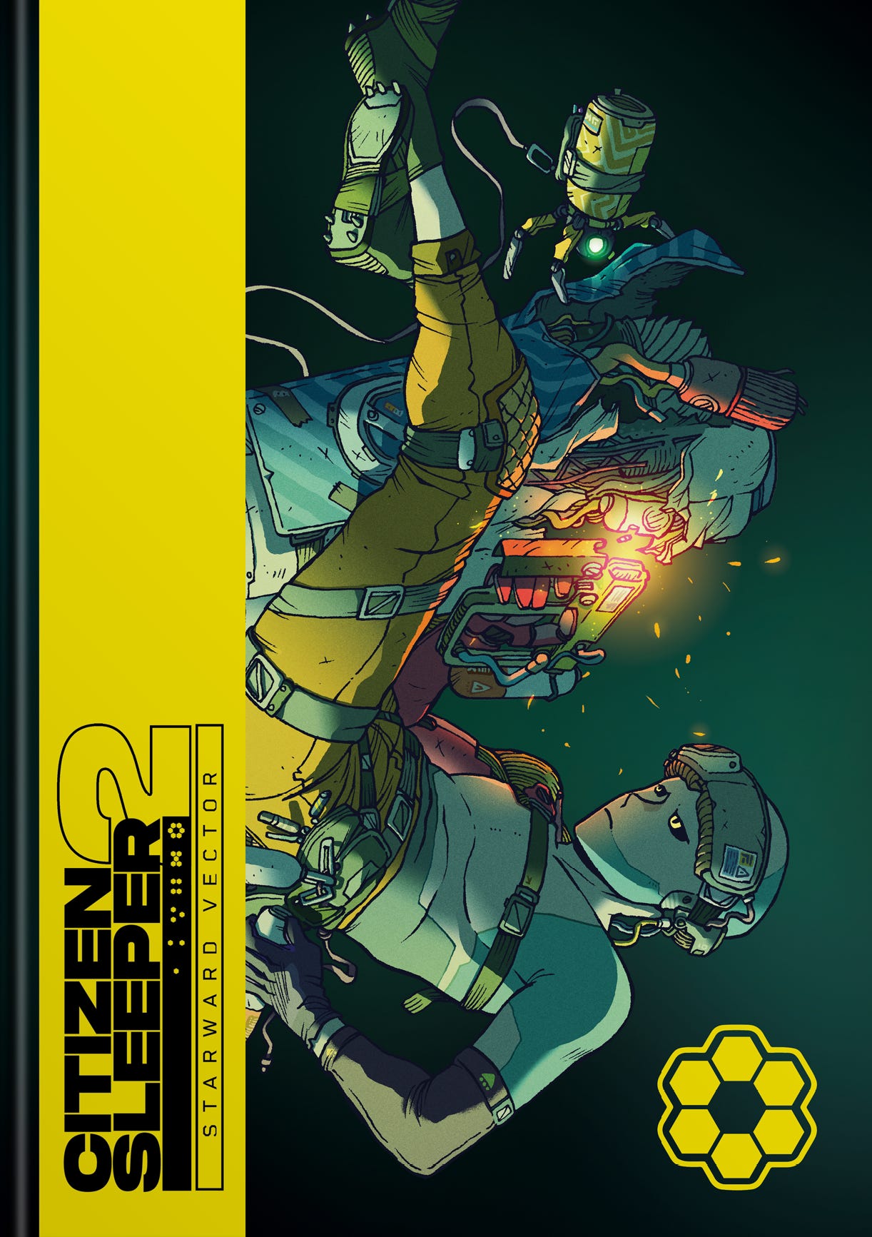 Cover art for Citizen Sleeper 2: Starward Vector featuring three futuristic characters floating in zero gravity, one repairing or scanning another's robotic face as sparks fly. The color palette is a mix of neon green, yellow, and cyan, with bold outlines and sci-fi gear details. A vertical yellow sidebar displays the game title and hexagonal logo in a sleek, high-tech design.