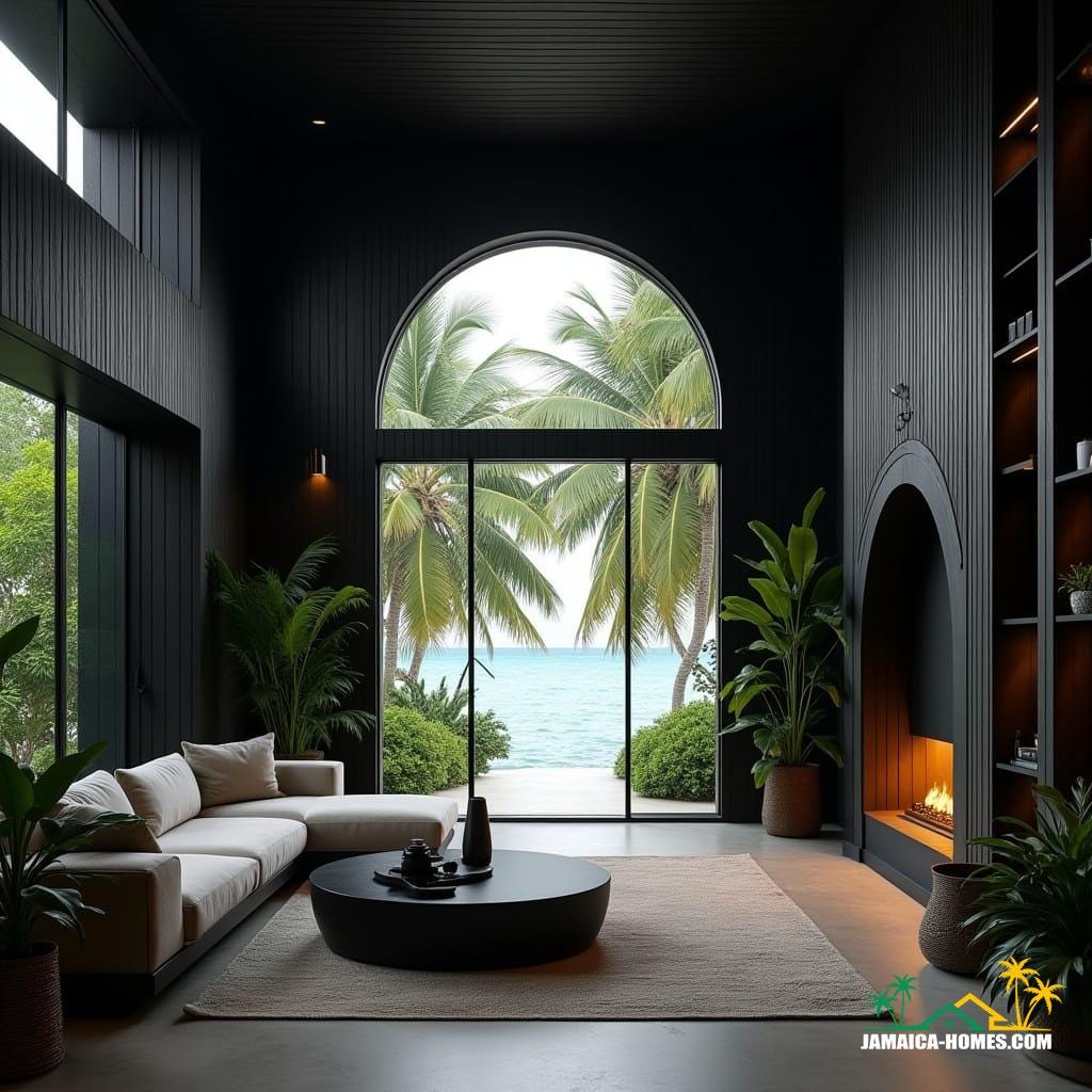 A luxurious modern Gothic-inspired interior in a Caribbean cottage, featuring dramatic high ceilings and matte black wall paneling with sleek vertical cladding, subtle Gothic arch cutouts, decorative carved panels, and integrated geometric shapes. Oversized floor-to-ceiling glass windows reveal lush tropical greenery, swaying palm trees, and the turquoise Caribbean sea. Natural light floods the space, contrasting with moody black and dark gray tones. Warm golden LED lighting highlights architectural niches and shelves, while tropical plants and subtle Caribbean décor add softness. Contemporary furniture includes a clean-lined soft gray sofa, a low round black coffee table, and natural wood accents. The atmosphere blends modern minimalism with Gothic drama, refined yet inviting, where bold black Gothic design harmonizes with the vibrant tropical setting. Cinematic film still, shot on v-raptor XL, film grain, vignette, color graded, post-processed, cinematic lighting, 35mm film, live-action, best quality, atmospheric, masterpiece, epic, stunning, dramatic.