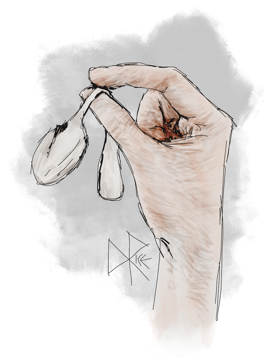 A limp handled spoon is pinched between a thumb and forefinger. Sketch art by Don Rice. A limp handled spoon is pinched between a thumb and forefinger. Sketch art by Don Rice.