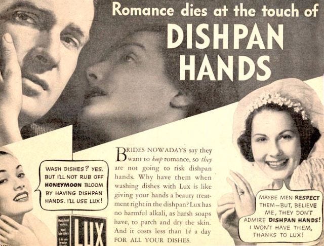 An ad shows 'pretty Joan' baffled by her unpopularity, unaware her animated undergarments are gossiping about her poor hygiene. An ad shows 'pretty Joan' baffled by her unpopularity, unaware her animated undergarments are gossiping about her poor hygiene.