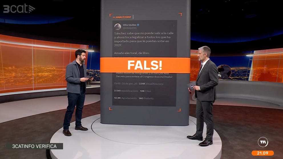 Due giornalisti di 3Cat durante l’inserto 3CATINFO VERIFICA: stanno di fronte a uno schermo con un tweet che contiene una fake news.