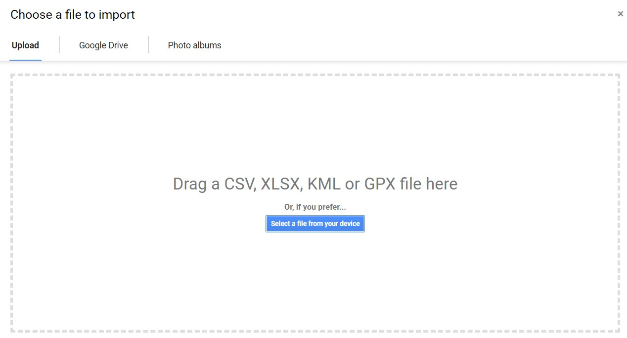 Screenshot from Google My Maps showing how to bring the spreadsheet into the mapping tool