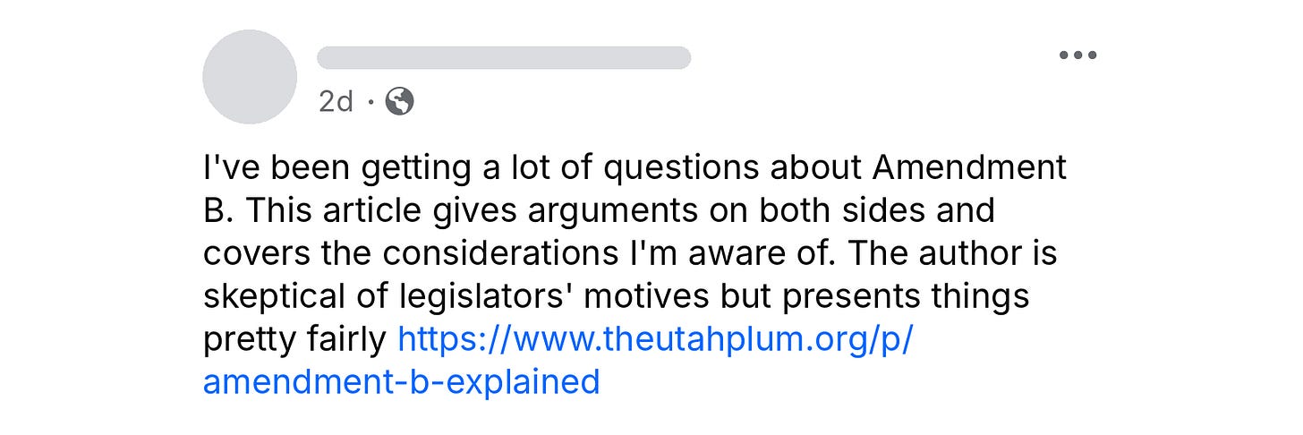 Facebook post sharing the Amendment B article: the author is skeptical of legislators' motives but presents things pretty fairly. Facebook post sharing the Amendment B article: the author is skeptical of legislators' motives but presents things pretty fairly.