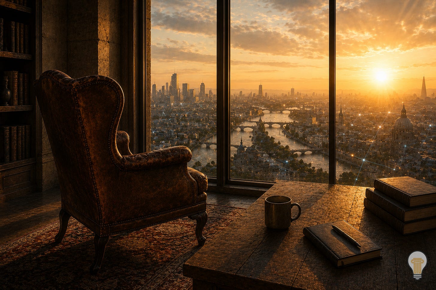 An empty, well-worn leather wingback chair sits beside a simple wooden desk overlooking a sprawling city at sunrise. Warm light floods a timeless stone study while subtle glowing connections spread across the city below, suggesting a resilient system that continues without its architect. An empty, well-worn leather wingback chair sits beside a simple wooden desk overlooking a sprawling city at sunrise. Warm light floods a timeless stone study while subtle glowing connections spread across the city below, suggesting a resilient system that continues without its architect.